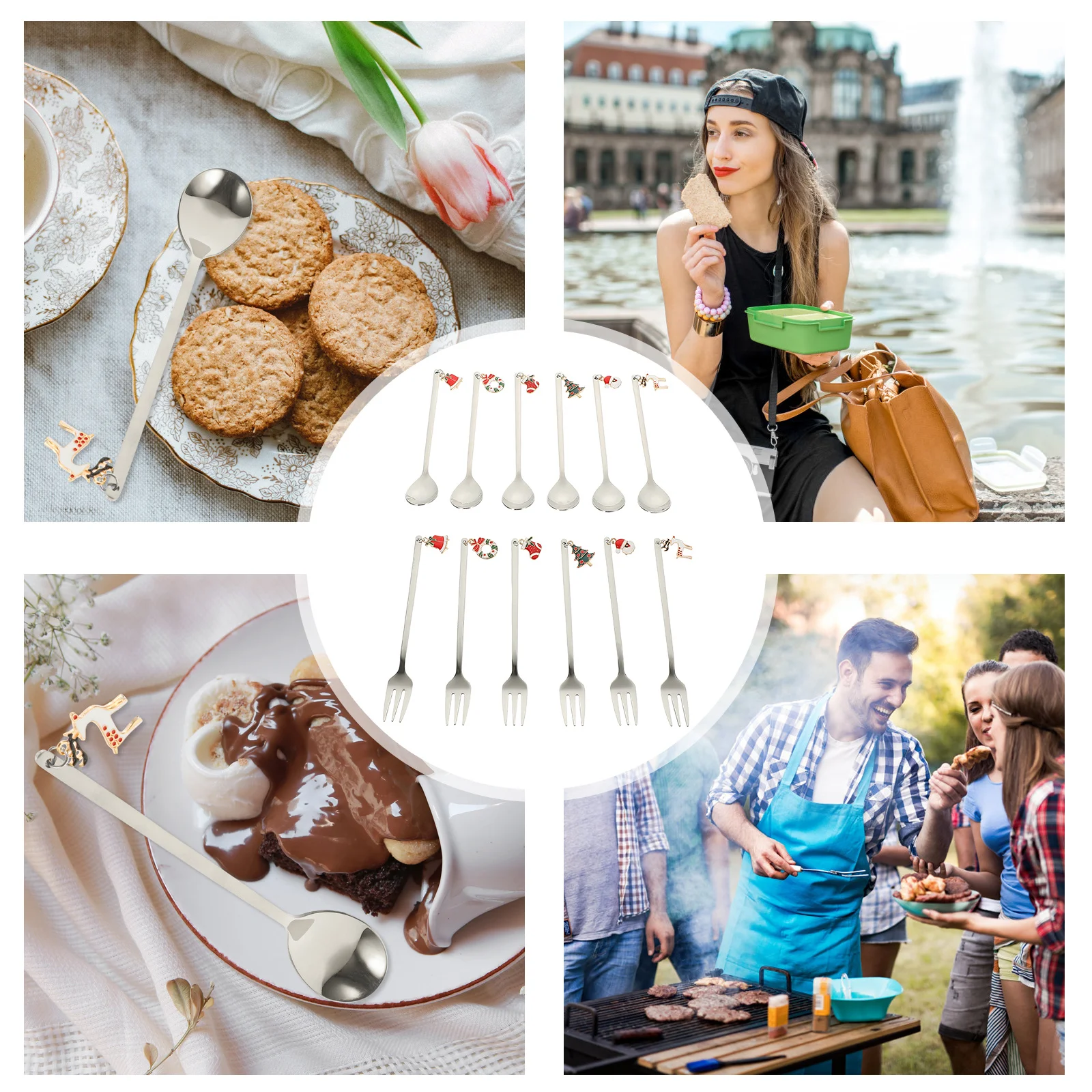 

1 Set Stainless Steel Tableware Kit Christmas Theme Spoons Forks Smooth Easy Clean Multipurpose Party Dessert Flatware Portable