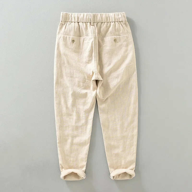 Spring Summer Man Pants Japan Retro Cotton Linen Pants Men Solid Drawstring Elastic Waist Trousers Casual Breathable Pants Daily