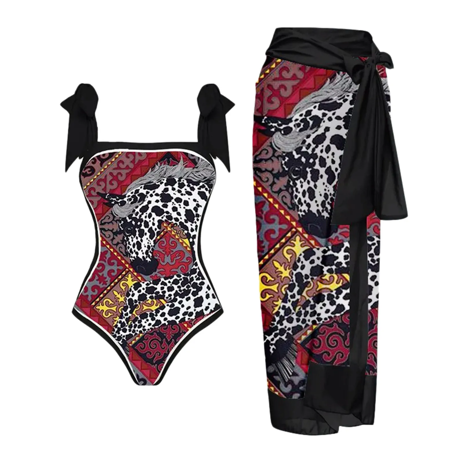 Vintage Print Women\'S Swimsuit Monokini Bikini 2 Piece Swimsuits Floral Print 1 Piece Swimwear+1 Piece Cover Up Two Piece Set