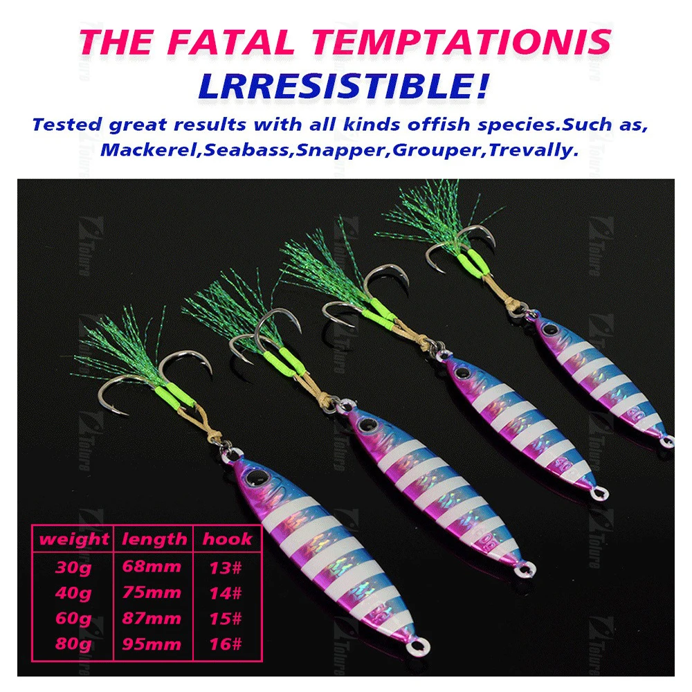 1pc 30g40g60g80g  Glow Metal Jig Lure Sea Fishing Bait Slow Sinking Fishing Lure Saltwater Bass Tackle