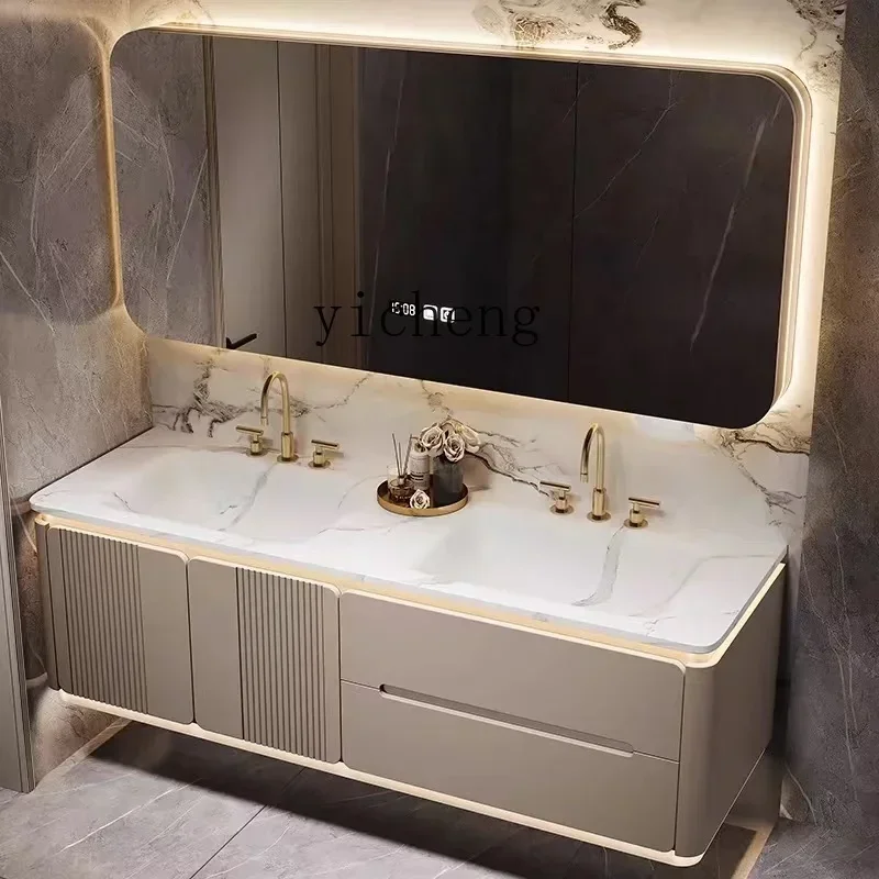 

cream wind rock slab hot bending integrated double basin bathroom cabinet combination toilet washstand