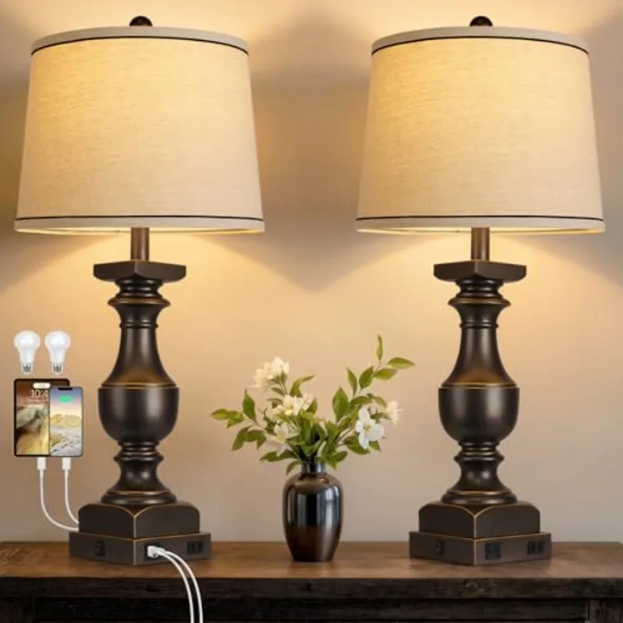 

8'' Farmhouse Bedside Lamps Set of Black Gold Table Lamps for Nightstand Desk Lamps with Linen Shades Table Lamps with USB A+C