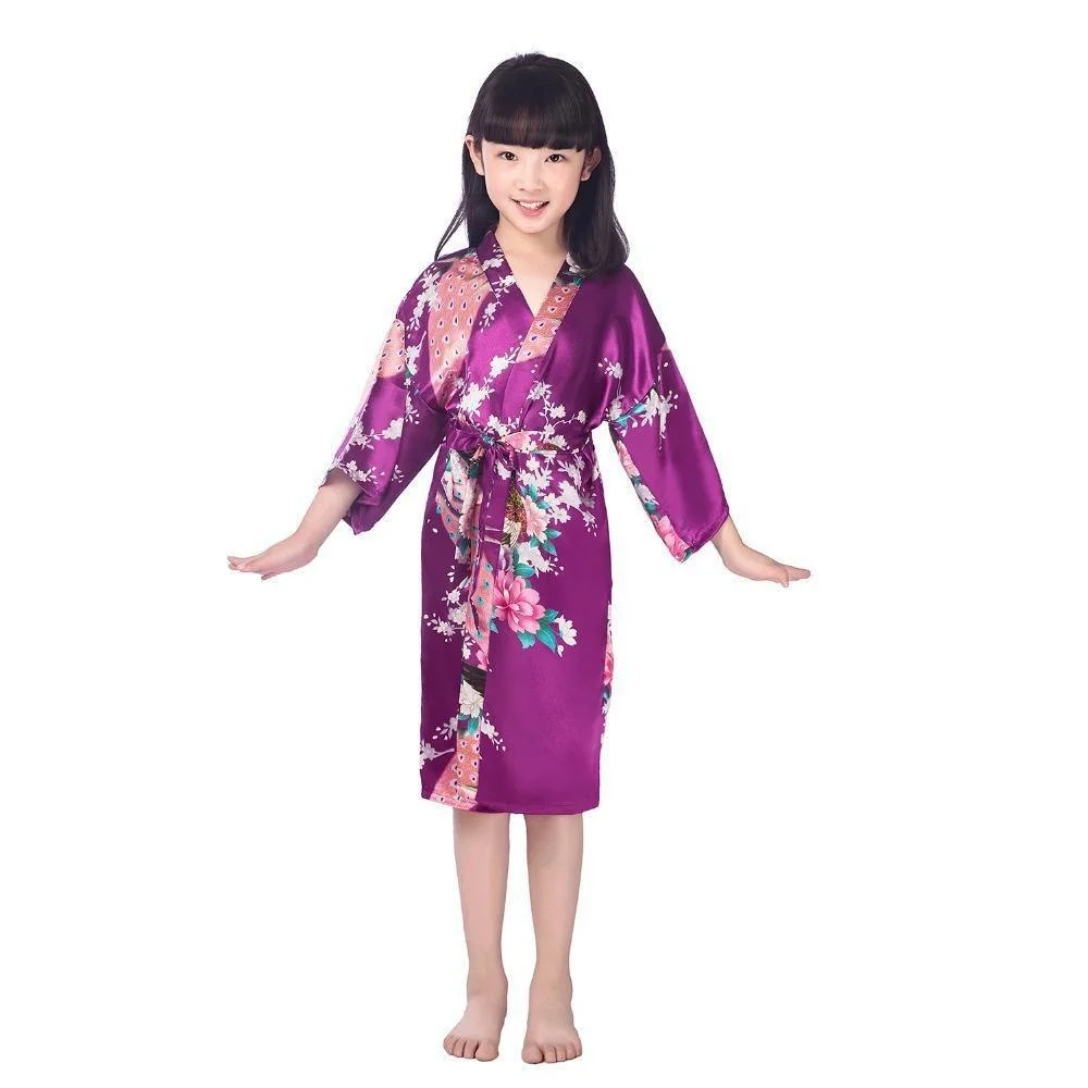 Kids Satin Floral Kimono Robe Flower Girl Peacock Bath Robes for Wedding Spa Party Gifts Bridal Lingerie Sleepwear Bathrobe