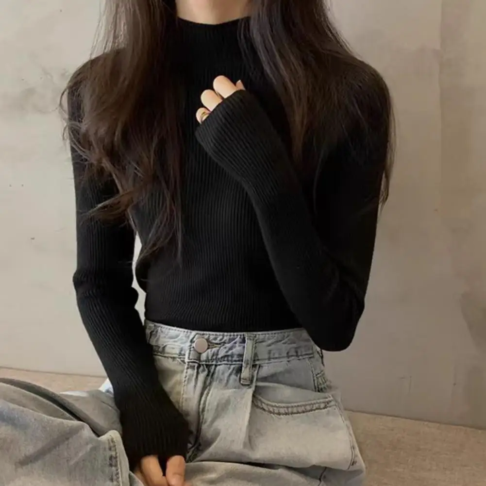 Warm Solid Color Slim Jumper Autumn Ribbed Sweater Top for Women Soft Mock Neck Pullover Stretchy Long Sleeve Knitted Jumper