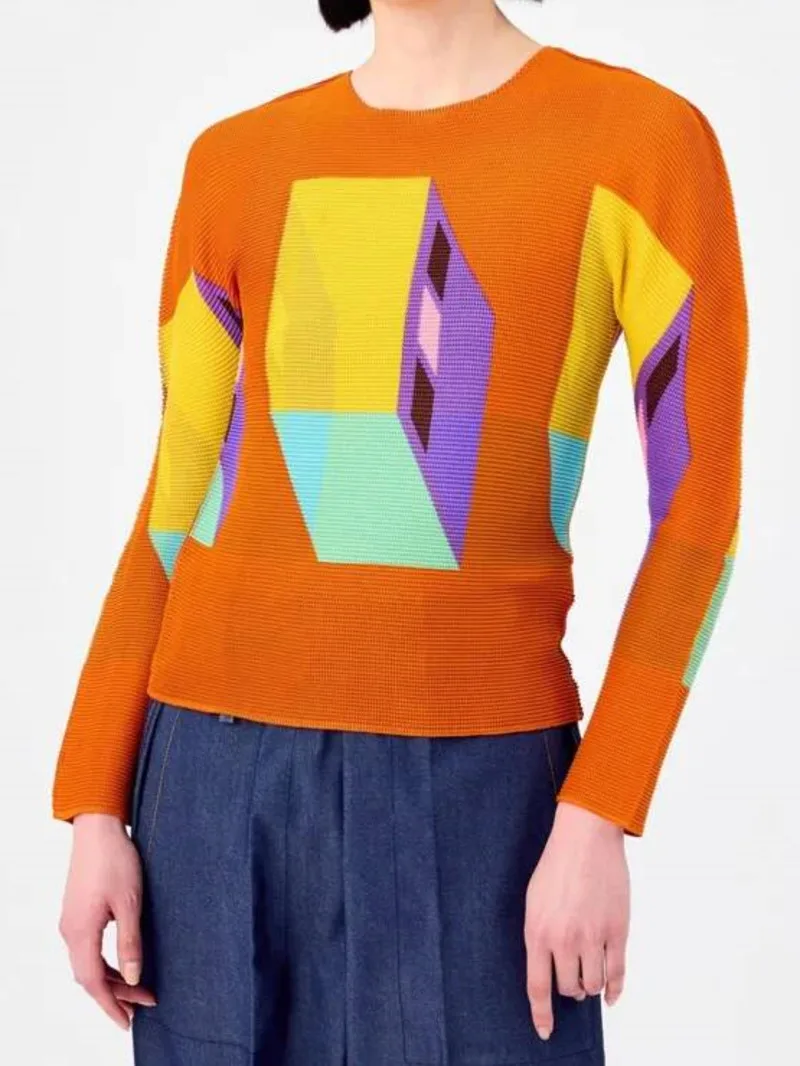 Elastic Slimming High Pleated Women's T-shirt Design Geometric Print Long Sleeve Pullover Tops Fashion New Cloth 2M0MY