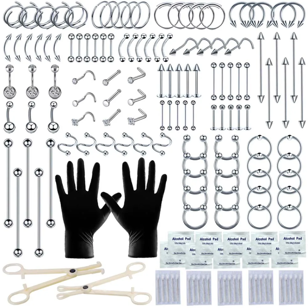 153Pcs Piercing Kit for all Body Piercings with Jewelry and Tools for Nose Septum Belly Button Lip Ear Tongue Cartilage Eyebrow