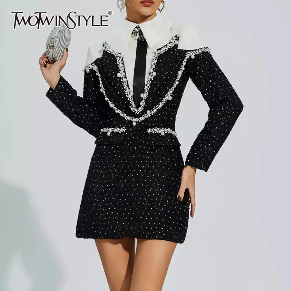 TWOTWINSTYLE Colorblock Slimming Spliced Bead Dresses for Women Lapel Long Sleeves Patchwork Pearl Luxurious Dress Female New