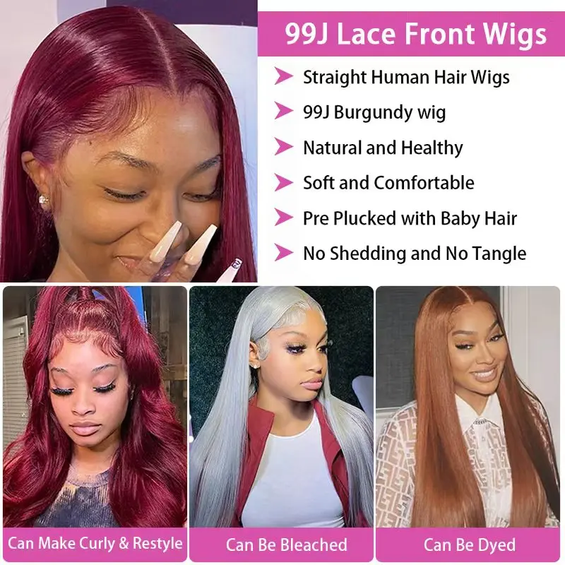 Burgundy 99J Straight Lace Front Human Hair Wigs 13x4 13x6 Red Pre Plucked Lace Frontal Wig 99J Colored 200% Human Hair Wig