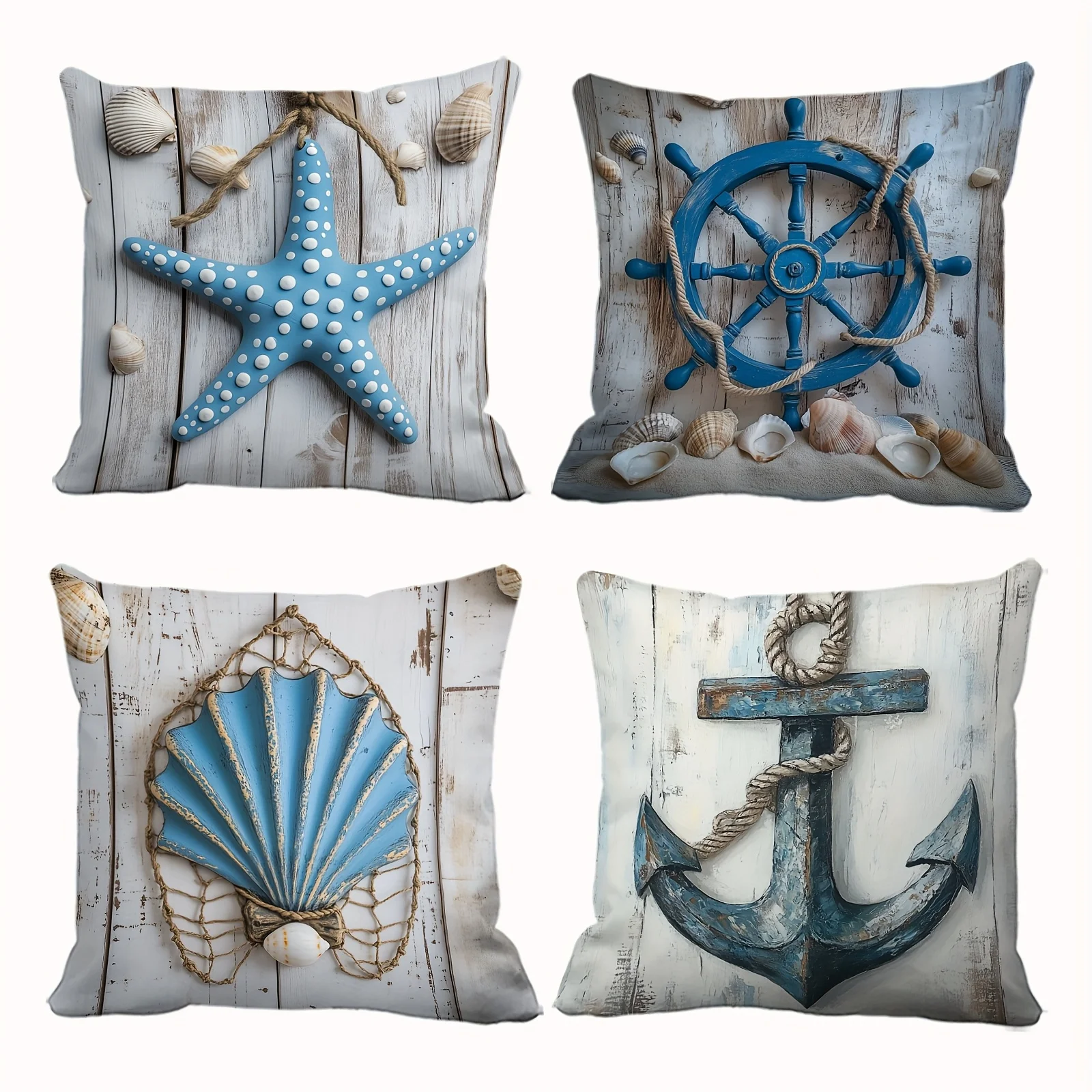 Printed Coastal Nautical Throw Pillow Covers Set 4PCS Beach Ocean Decor Starfish Anchor Wheel Cushion Accent Home Boho Prints