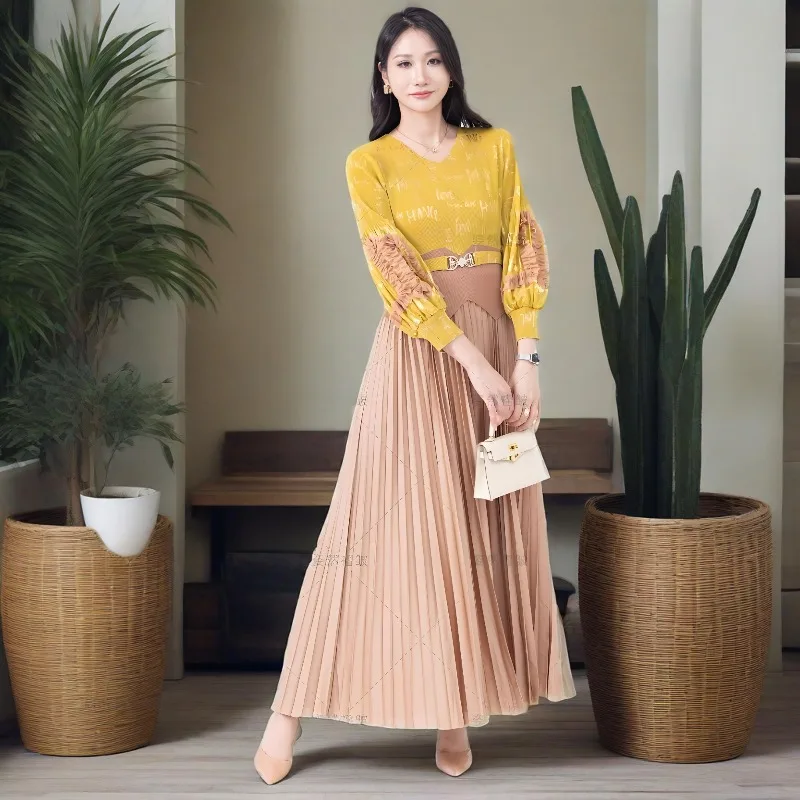 

Плиссированное платье Miyake больших размеров, женское осеннее платье 202, новое платье со звездами цвета Senior Sense, горячая золотая плиссированная длинная юбка