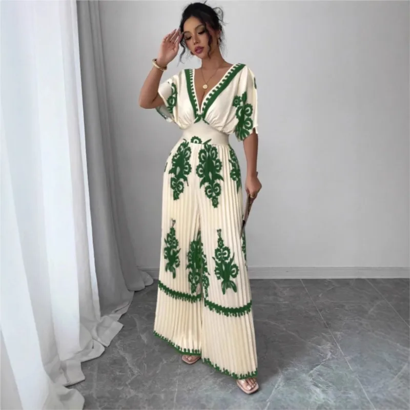 Tuta con pantaloni larghi a maniche corte stampata casual alla moda con scollo a V sexy per la nuova tuta a vita alta da donna primavera estate