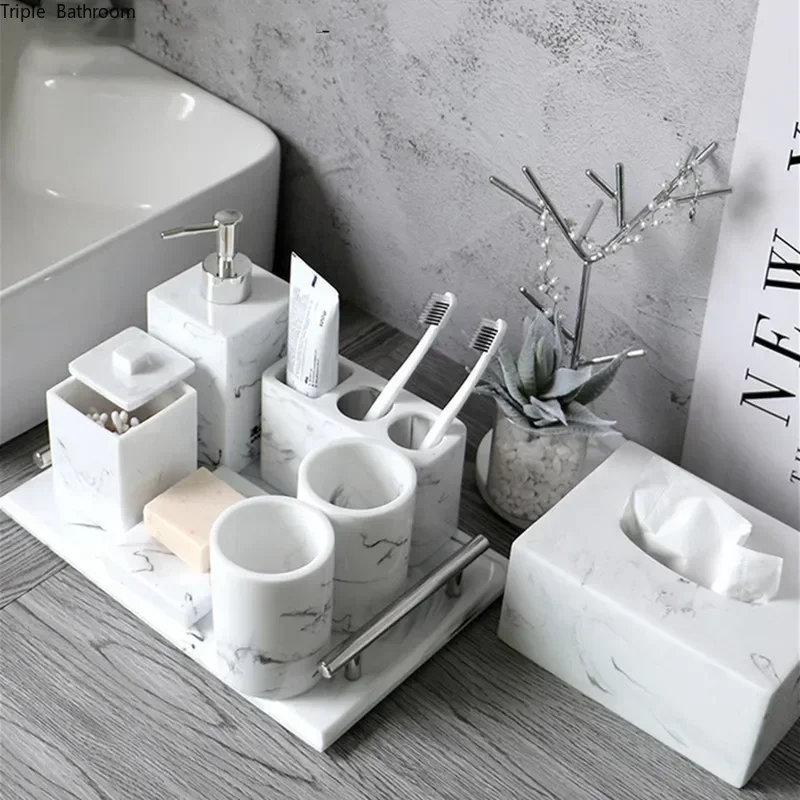 Bathroom accessories 1pcs Imitation marble patterned resin Bathroom Toothbrush Holder Soap Dispenser Set soap dish lotion bottle