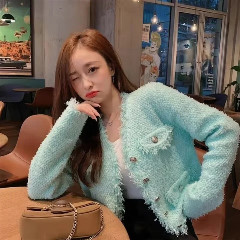 เสื้อแจ๊กเก็ตเสื้อผ้าผู้หญิงเสื้อแจ็คเก็ตลมหอมสั้น Retro พู่ถักแขนยาวเสื้อสเวตเตอร์ถัก emperament สุภาพสตรี JOKER TOP