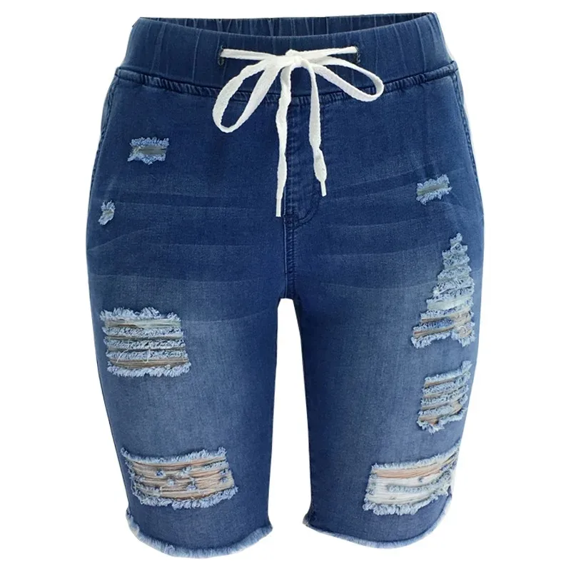 Shorts.Washed Ripped 중간 길이 워시 청바지, 봄과 여름 여성용 새로운 패셔너블한 신축성 있는 허리 드로스트링 짧은 청바지
