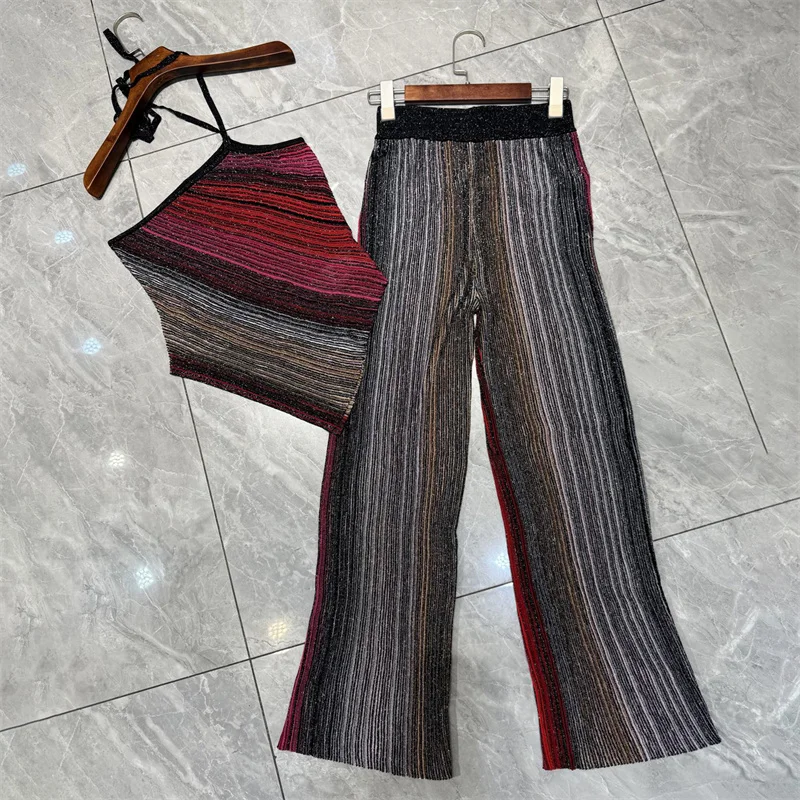 طقم نسائي مكون من قطعتين سروال نسائي جديد محبوك مرن بقصة ضيقة لصيف 2025 غزل معدني مخلوط بدون أكمام بدلة نسائية