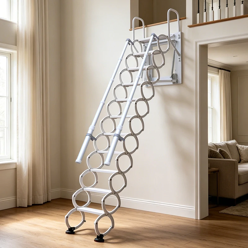 Pull Telescoping Attic Ladder Modern Full Automatic Folding Loft Staircase Handrails Carbon Steel 300kg Load Capacity for Office