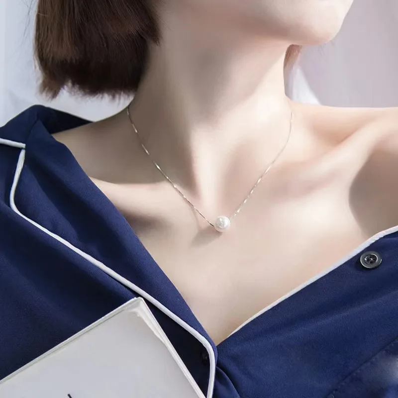 Trendy 925 Sterling Silver Pearl Clavicle Necklace Large and Small Size Fashion Pendant for Women Wedding Party Gift