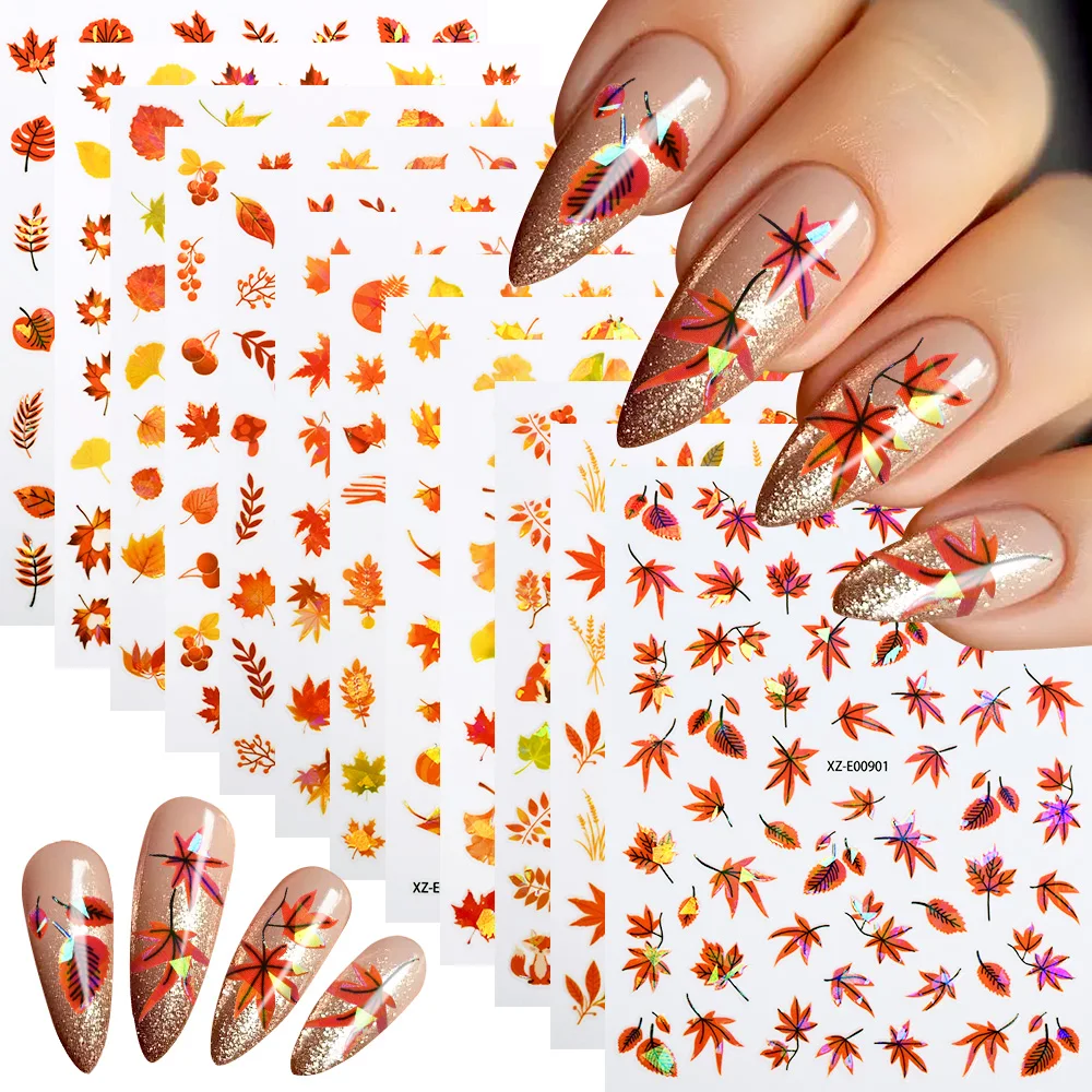 12Pcs Fall Maple Leaf Nail Decals Holographic Laser Maple Leaves Nail Art Sticker Self-Adhesive Thanksgiving Day Nail Decoration