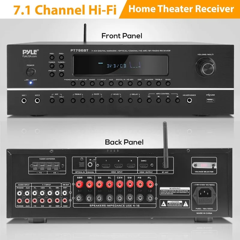 7.1-Channel Hi-Fi Bluetooth Stereo Amplifier - 2000 Watt AV Home Theater Speaker Subwoofer Surround Sound Receiver w/ Radio