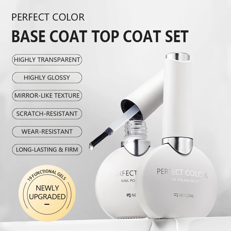 PERFECT COLOR Gel-Nagellack Top- und Basislack-Set 12ML Verbesserte Seidige Basis und Extra Glänzender Top Coat Transparent Ohne Abwischen UV-LED-Gel