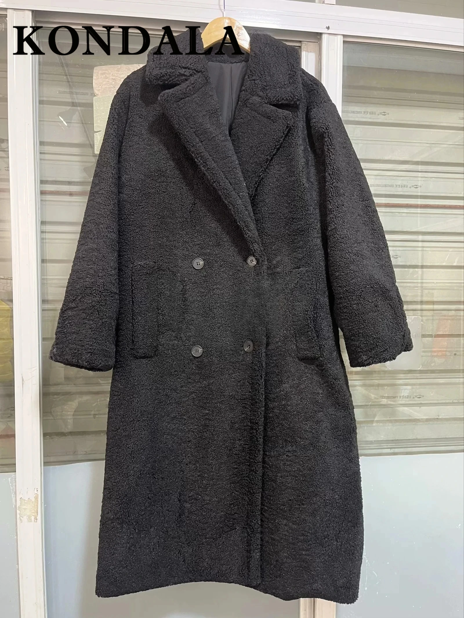 KONDALA 2025 Winter Women Casual Solid Coat Double Breasted Fleece Coat Loose Fit Long Coat Women Vintage Oversized Long  Jacket