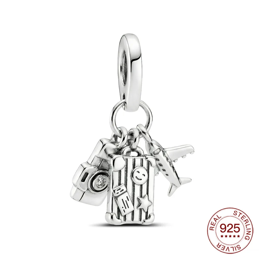 925 Sterling Silver Travel Dangle Charm Suitcase Airplane & Camera Design Bead Fit Bracelets Travel Lover Jewelry Gift For Women