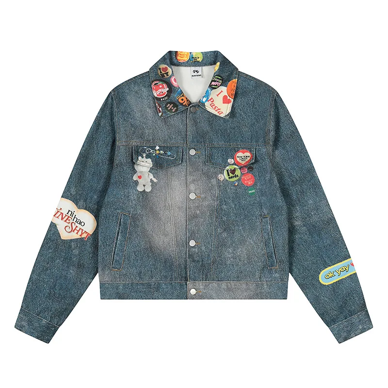 

American Retro Printed Denim Jackets Women Lapel Workwear Autumn Coats Design Sense Loose Outerwear Blue Street Style Cargo