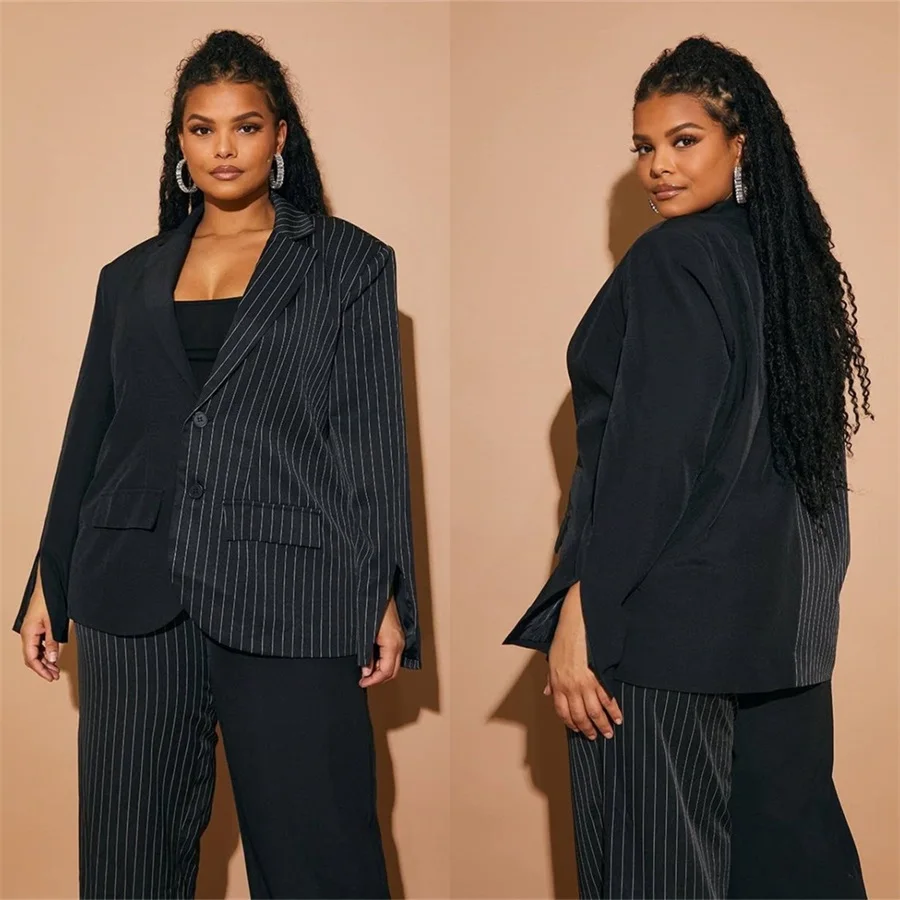 

Plus Size Pinstripe Stitching Women Suits Free Shipping 2 Pcs Blazer+Pants Single Breasted Formal Prom Evening Dress Custom Made