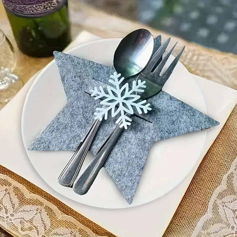 1/4 Pcs Christmas Cutlery Holder Star Snowflake Pattern Knife Fork Covers Xmas Tableware Pocket Holder Bags New Year Party Decor