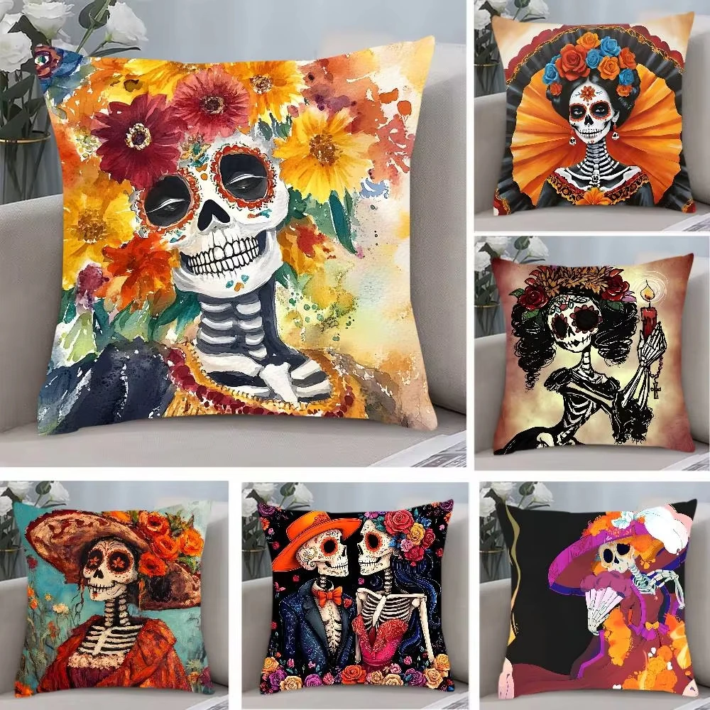 Day of the Dead Floral Skeleton Cushion Cover Design Pattern Printed Sofa Pillow Case Living Room Spooky Home Party Decoration