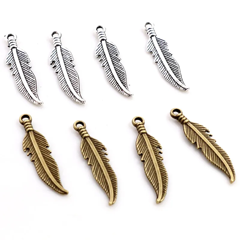 Charms Feather 20pcs 27x7mm Tibetan Bronze Antique Silver Color Pendants Antique Jewelry Making DIY Handmade Craft