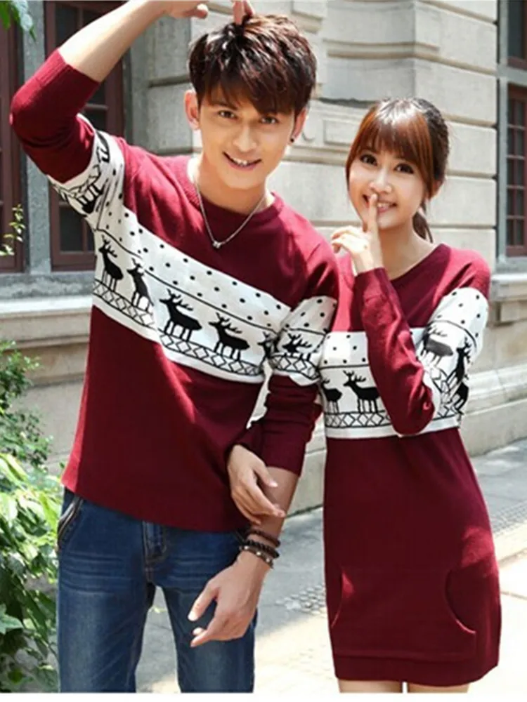 New Autumn Winter Men's /Women Long Sleeve Wine Red Knit Pullovers Matching Deer Couple Christmas New Year Sweaters Female Jump