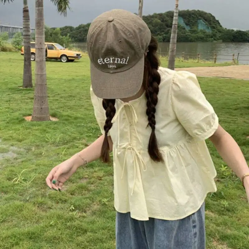 

Милые блузки с пышными рукавами, женские блузки с гофрированным дизайном, однотонные, во французском стиле, свободные, повседневные, летние, модные, универсальные, девичьи, Ulzzang