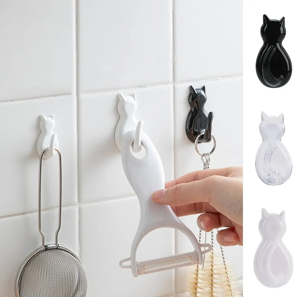 2 Pcs Plastic Cat Shape Wall Hook Self-adhesive Transparent Cat Hooks Strong Load-bearing Decorative Cat Key Holder Dormitory