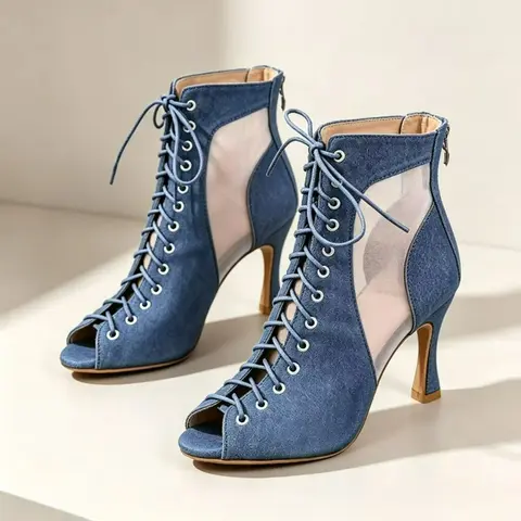 Dance Women Latin Shoes Adult Denim Latin Dance Shoes for Women Mesh Hollow Out Sandals Modern Jazz Boots Soft Sole Indoor Stage Fish Mouth Ankle Boots