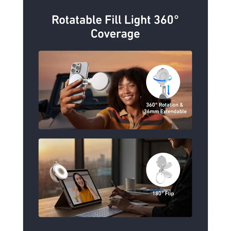 Luz magnética para selfie TELESIN C03 para telefone, luz para selfie com espelho, cabeça de lâmpada ajustável de 360 graus, 3 modos de iluminação (