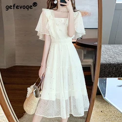 Summer Fashion Sequins Lace Patchwork Elegant Party Dresses for Women Ruffle Short Sleeve Slim Sweet Chic Fairy Midi Dress Robe