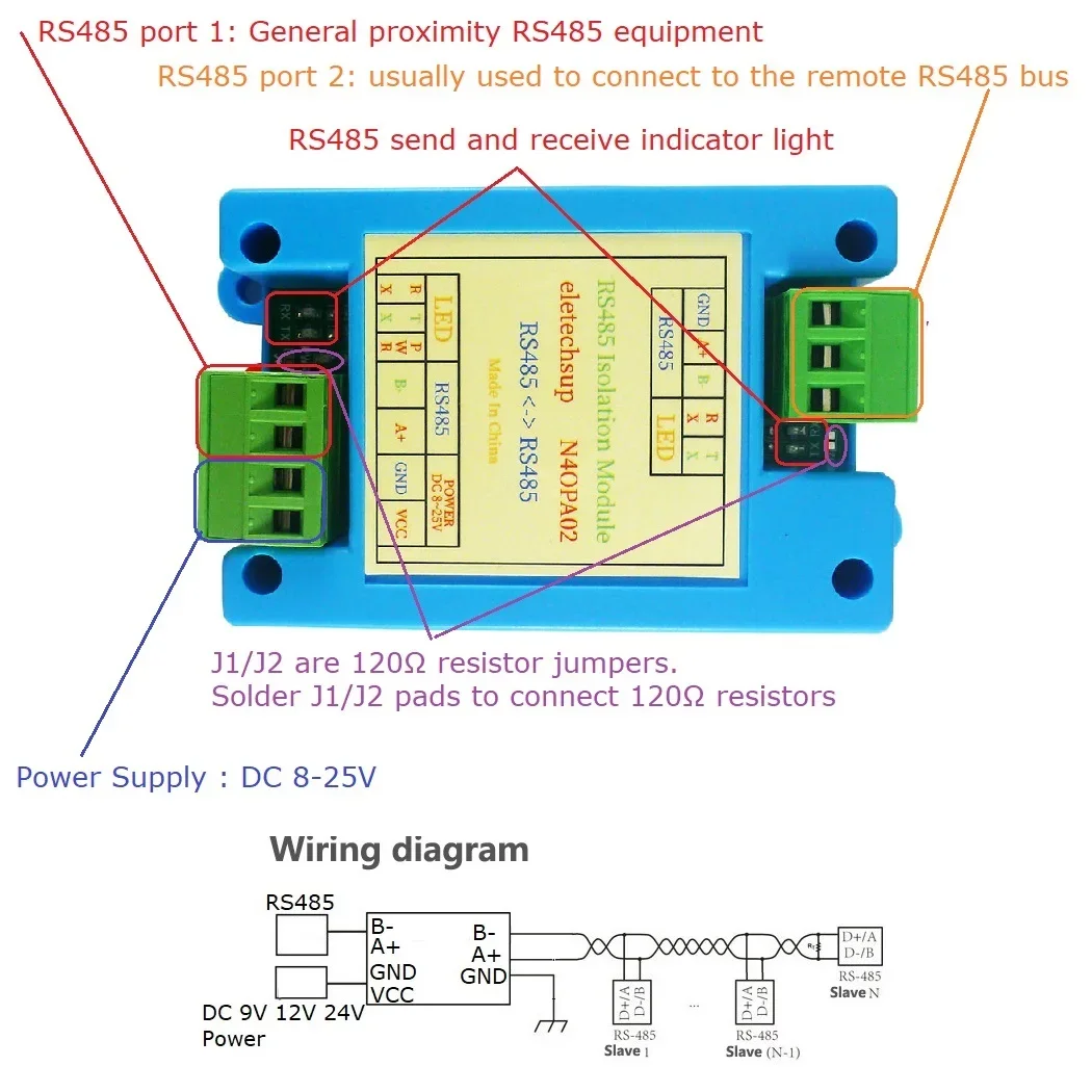 N4OPA02 3KV RS485 Active Isolator Signal Repeater Booster Amplifier Module 150KBPS Adaptive BaudRate/DataBit/Parity/StopBit