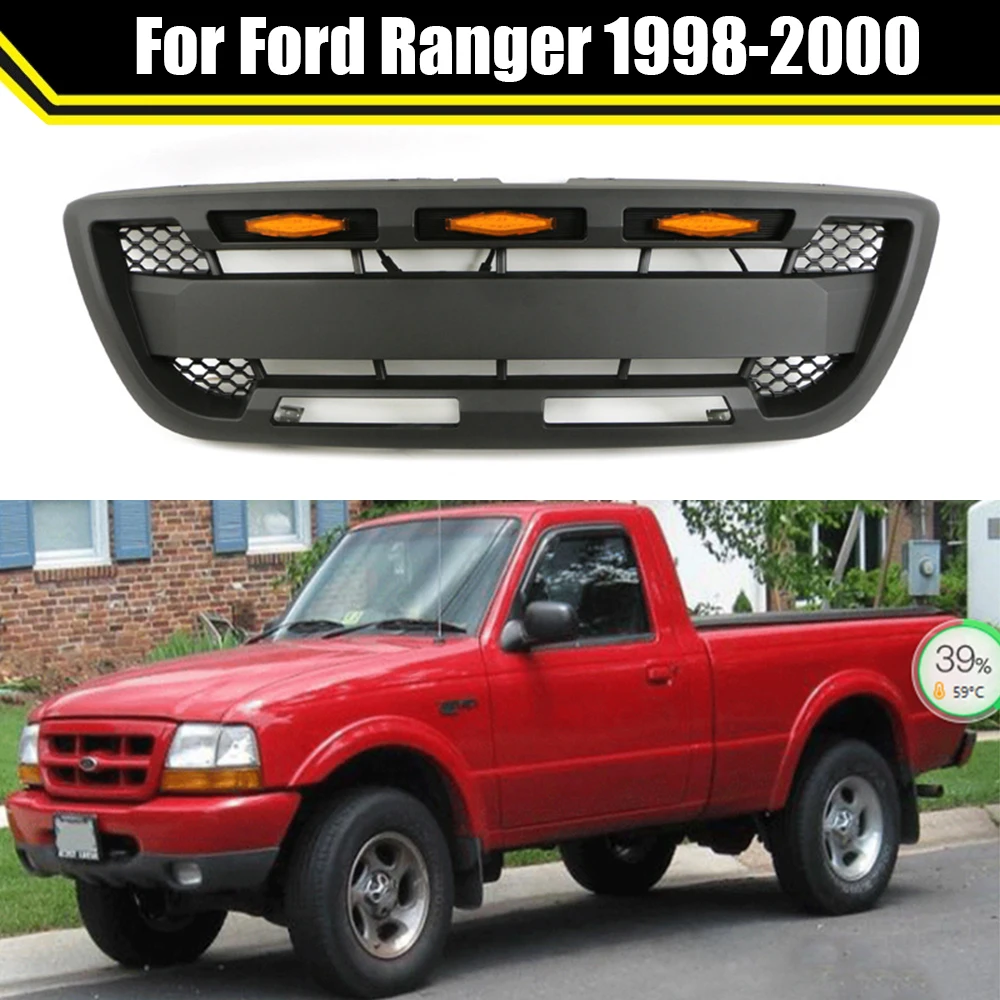 

Car Modified ABS Front Bumper Mask Grille Racing Grill with LED Lights Auto Exterior Parts Black For Ford Ranger 1998 1999 2000