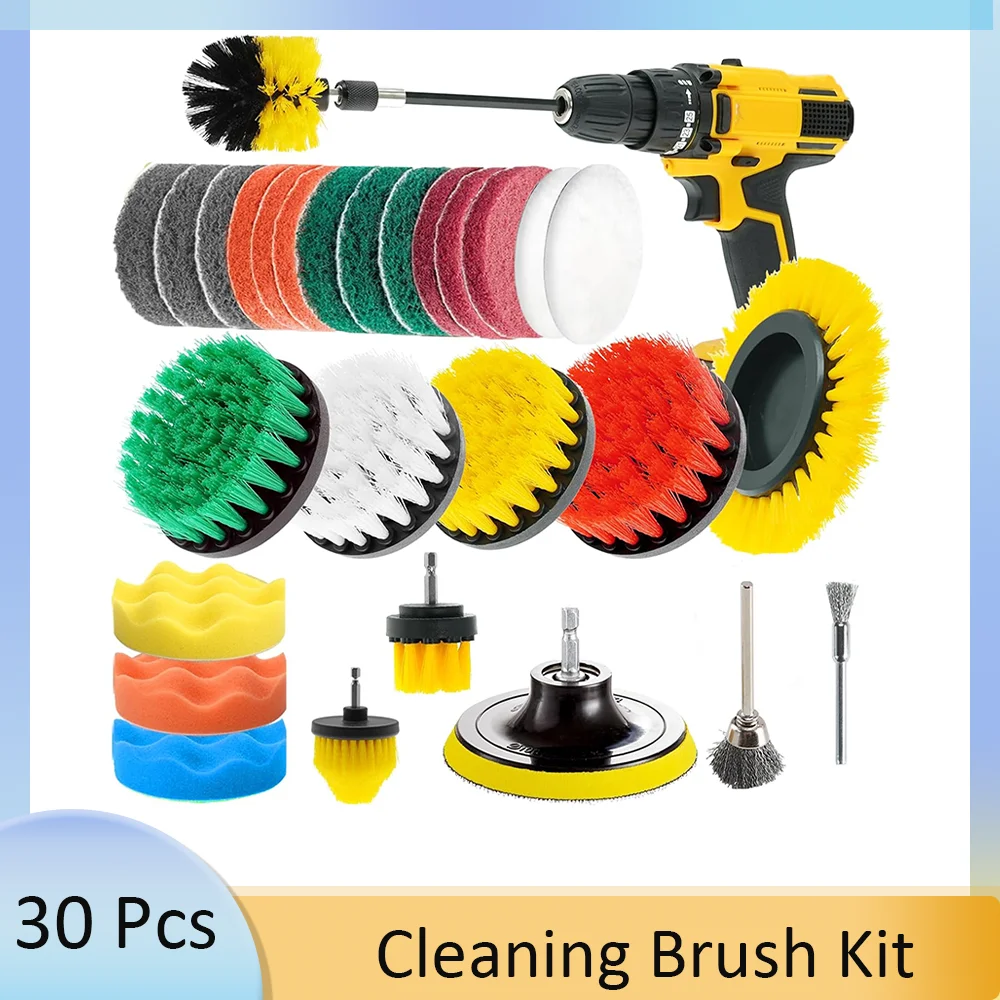 30 Pcs Drill Cleaning Brush Attachments Set with Scouring Pad Sponge Wire Brush and Extend Long Attachment for Car Cleaning