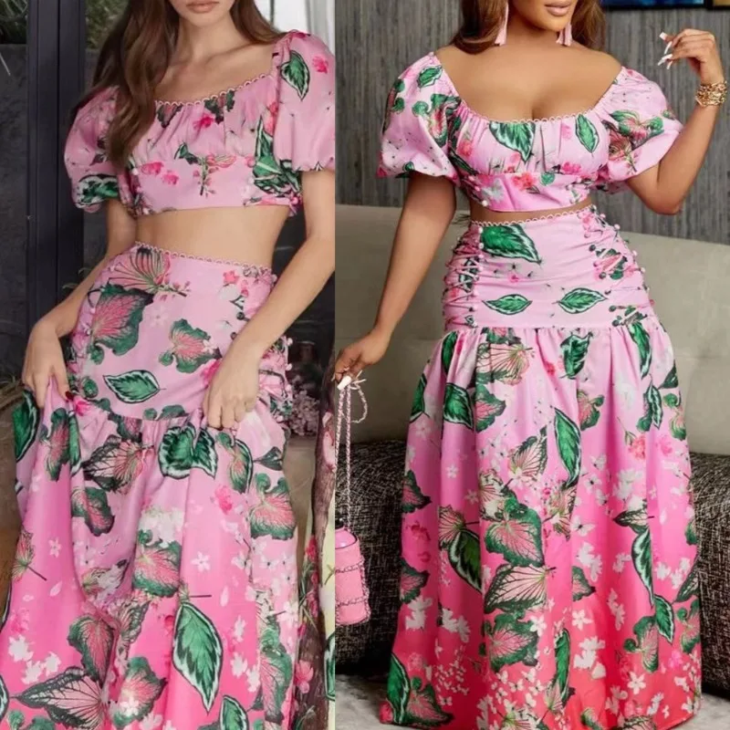 Top corto de manga corta con estampado degradado de hojas para mujer, conjunto de falda acampanada, conjuntos de faldas dulces para mujer, moda informal, novedad de 2024