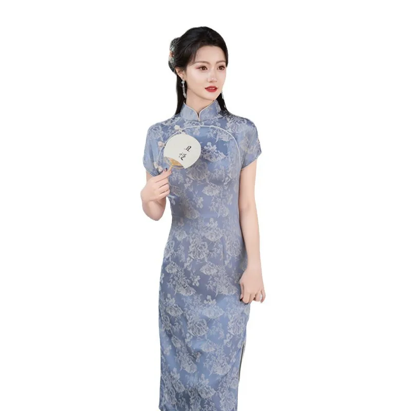 Fashion and Young Girl's Silk-like Jacquard Mid-Length Short Sleeve Robe Qi Pao Spring Summer Daily College Style Cheongsam