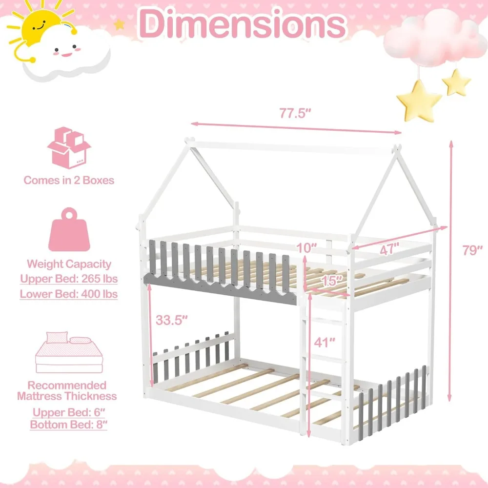 Wood Twin Over Twin House Bunk Bed, Solid Wood Low Bunk Bed Frame with Ladder, Safety Guardrails & Fences