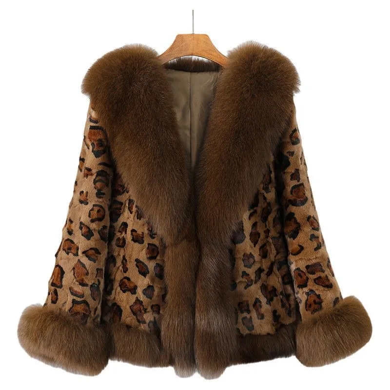 

New Autumn Winter 2025 Fox Fur Collar Mink Fur Coat V-neck Leopard Print Mink Fur Top High Quality