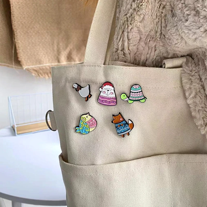 Happy Winter Enamel Pins Custom Bird Cat Fox Turtle Goose Brooches Lapel Badges Animal Sweater Jewelry Gift for Kids Friends
