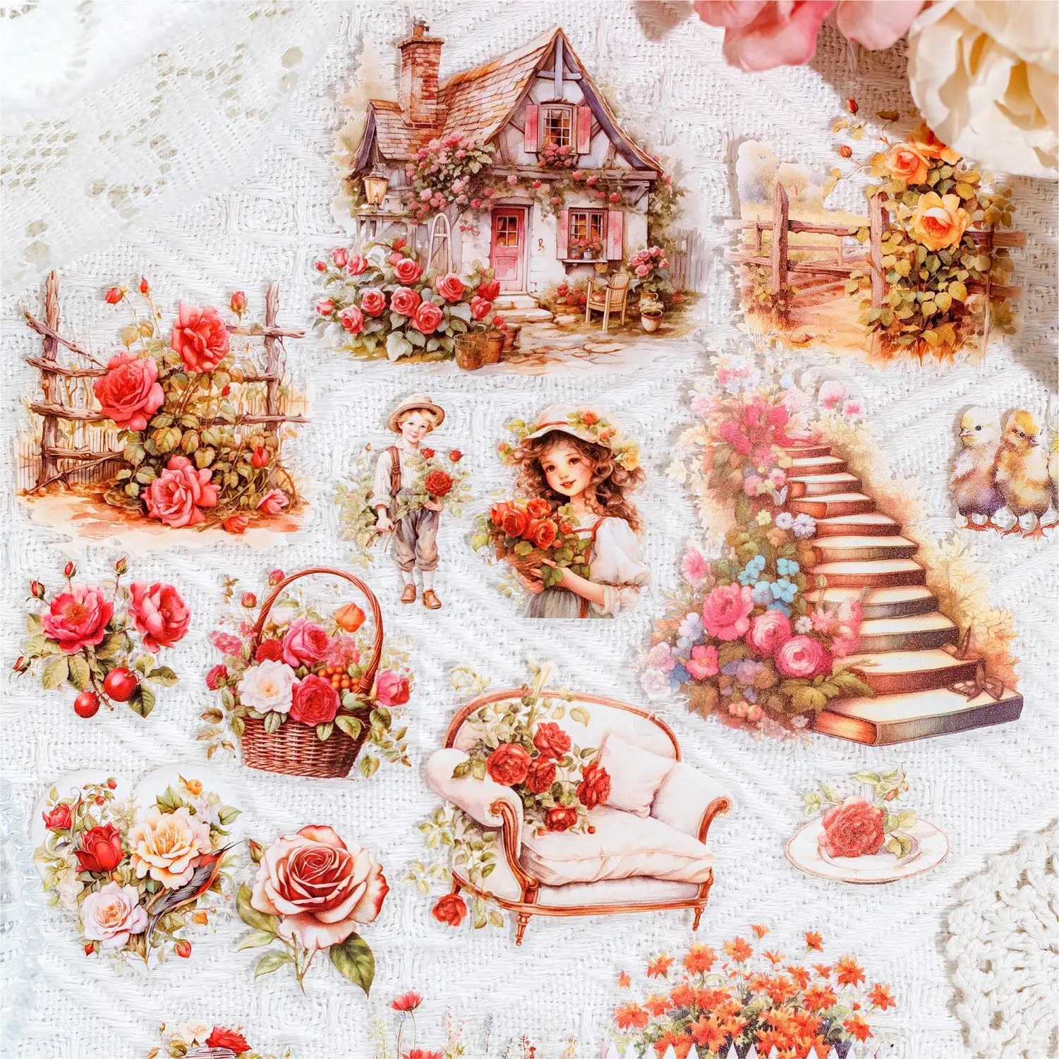 30pcs/bag Garden Landscape Transparent PET Stickers Retro Flowers Windows Cabins Fences Scrapbook Landscaping Decoration Collage