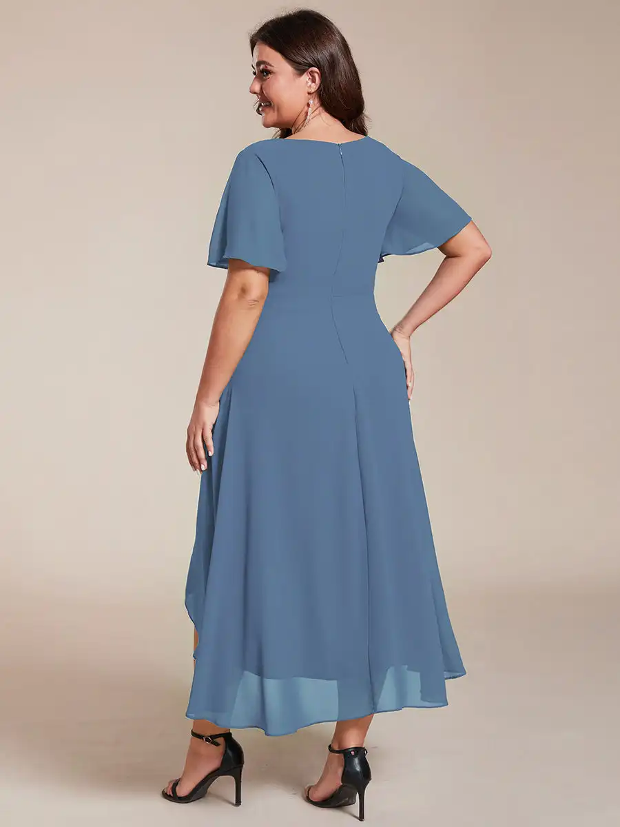 Plus size Evening Dresses Ruffles Sleeve Pleated V-Neck Midi 2025 Ever pretty of A-Line Dusty Navy Chiffon Wedding Guest Dress