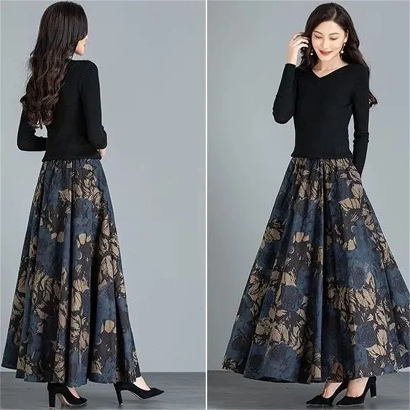 Korean Women High Waist Print Long Skirts Female With Pockets Woolen Long Skirts Spring Autumn Ladies Fashion Floral Maxi Skirt