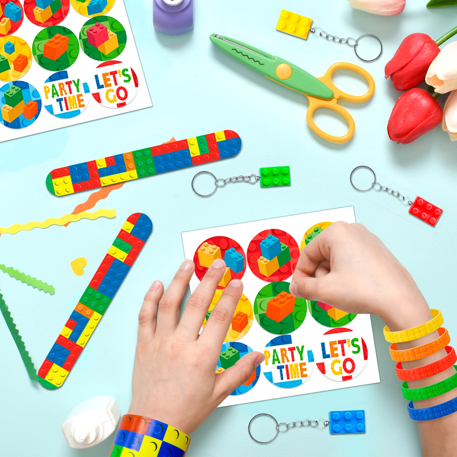 Building Block Birthday Party Favors,62 Pcs Building Blocks Favors Set- Favor Bags,Birthday Party Keychains Slap Bracelets etc