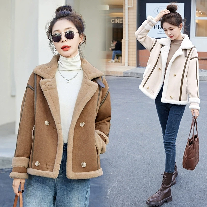 เสื้อโค้ทขนแกะสำหรับผู้หญิง ฤดูหนาว 2025 แบบสั้น หนา อุ่น แต่งขนเฟอร์ทั้งตัว แขนยาว ซิปยาว แจ็คเก็ตบอมเบอร์ หรูหรา
